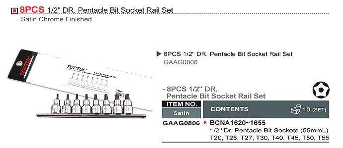 Набір біт п'ятигранних упресованих в головку 1/2" TORX T20-T55 з отвором 8од. TOPTUL GAAG0806
