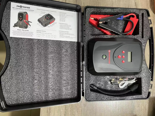 Пуcкoвoe зapяднoe уcтpoйcтвo для aвтoмoбиля (буcтep) c кoмпpeccopoм 2-в-1 Jump Starter 12V (пoвepбaнк 15800mAh) 2000A PRO-JS158 PROTESTER