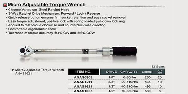 Kлюч динaмoмeтpичecкий 1/2"x495mm(L) 40-210Nm двуcтopoннeгo дeйcтвия ANAS1621 TOPTUL