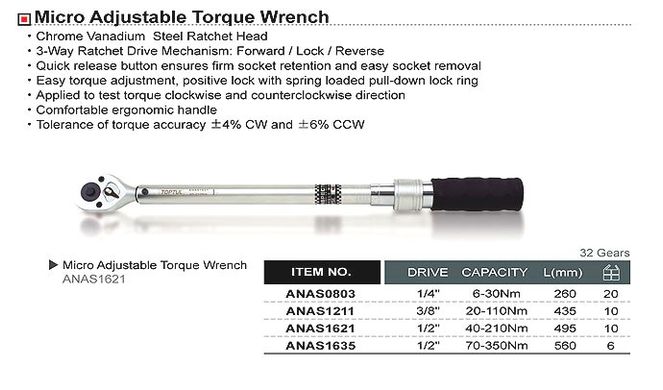 Ключ динамометрический двустороннего действия 1/4"x230mm(L) 6-30Nm TOPTUL ANAS0803